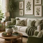 Emerald sofa with plants in a lush colourful green living room