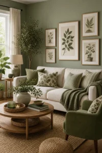 Emerald sofa with plants in a lush colourful green living room