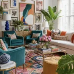 Jewel tone colourful living room interior with bold pillows and patterned rug