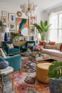 Jewel tone colourful living room interior with bold pillows and patterned rug