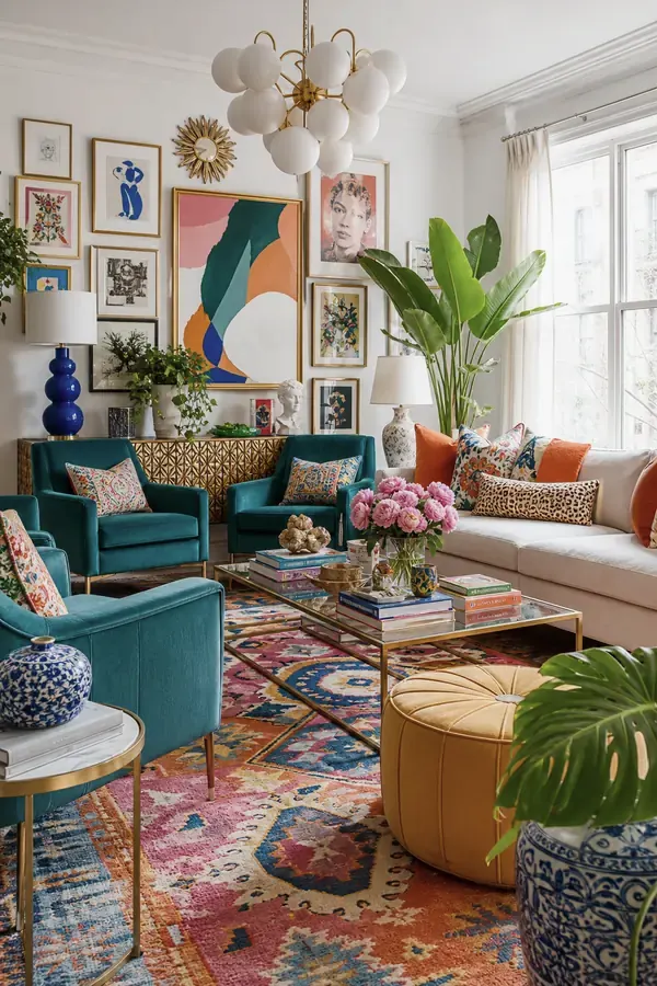 Jewel tone colourful living room interior with bold pillows and patterned rug