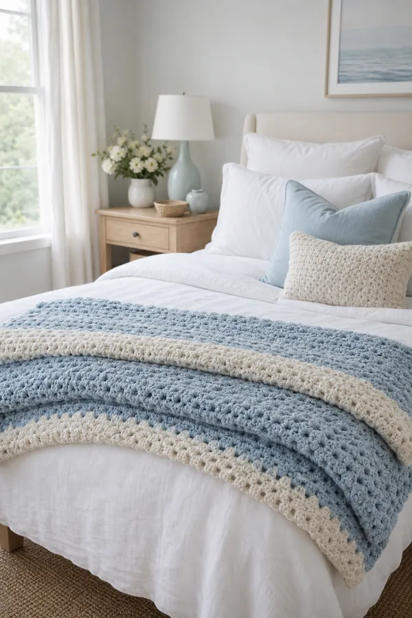 Soft blue crochet throw blanket on a calm white bedroom bed