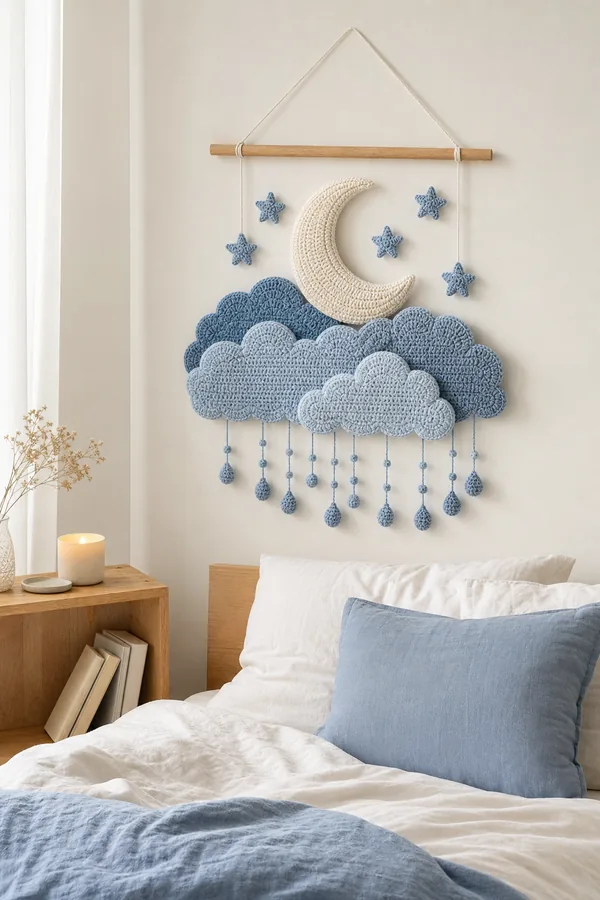 Blue crochet cloud and moon wall hanging above a calm bedroom bed