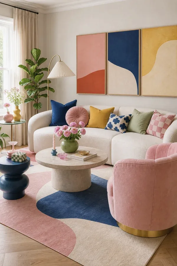 Maximalist colourful living room decor interior with teal chairs and bright accents