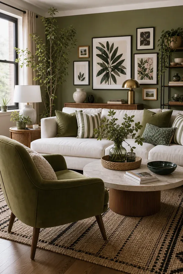 Sage green walls with cream sofa and botanical prints in a living room