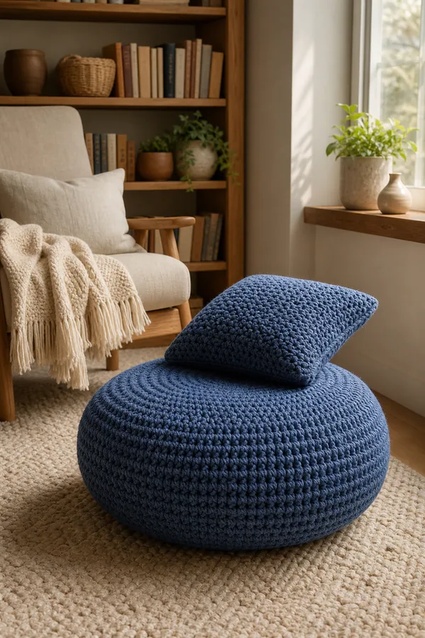 Blue crochet floor pouf in a calm bedroom reading corner