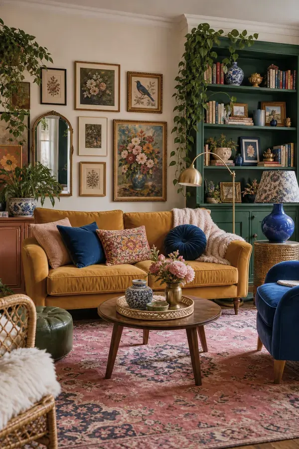 Colour blocked living room decor interior with pink chair and blue side table