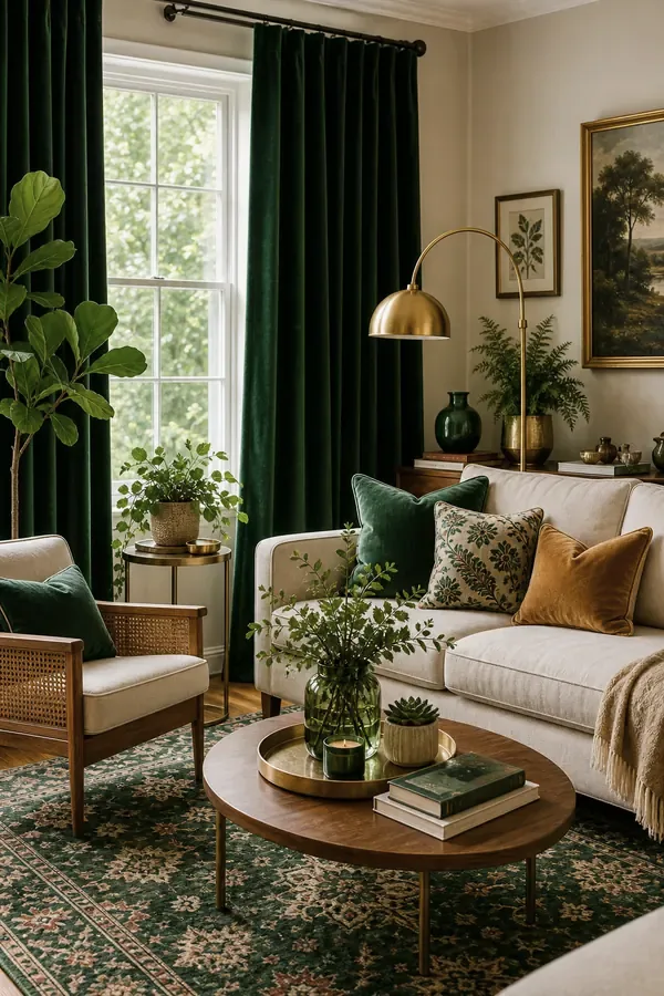 Olive green accent chair in a colourful living room with plants