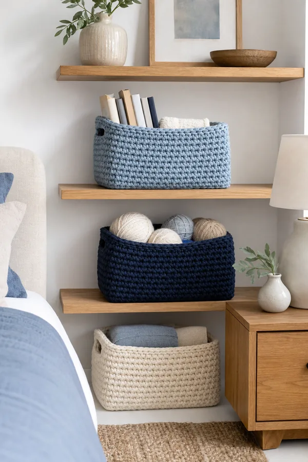 Blue crochet storage baskets styled on bedroom shelves
