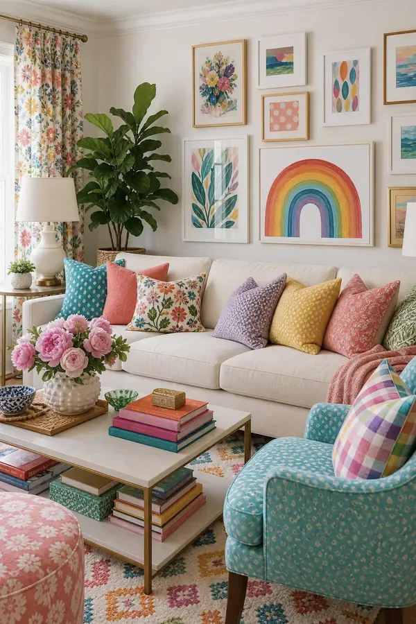 Eclectic colourful living room interior with mustard sofa and emerald bookcase