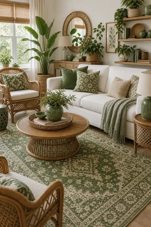 Forest green curtains in a bright colourful living room
