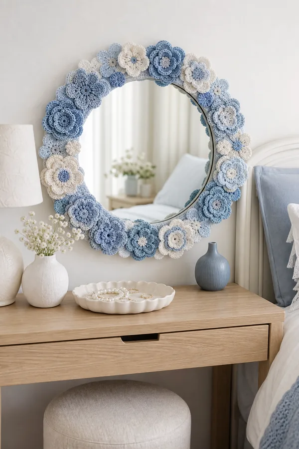 Blue crochet flower mirror above a calm bedroom vanity