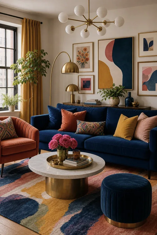 Colourful living room with bright pillows and a rainbow gallery wall