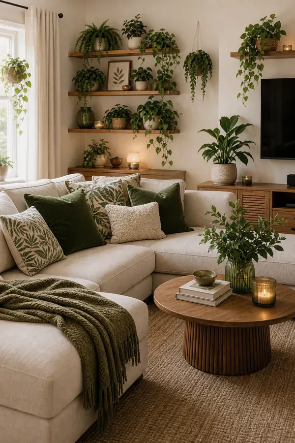 Green patterned rug with white sofa and rattan chairs in a living room