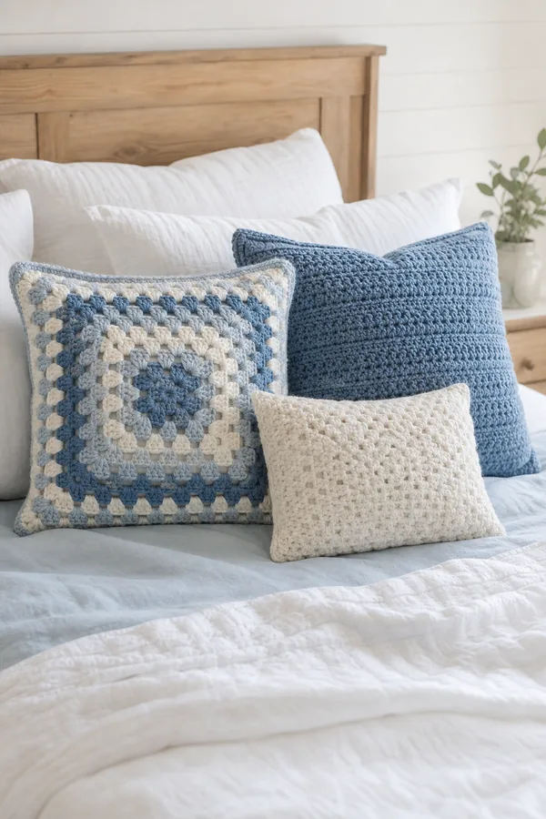 Blue granny square crochet pillows on a calm bedroom bed