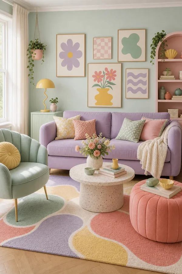 Deep blue sofa in a colourful living room interior with mustard curtains
