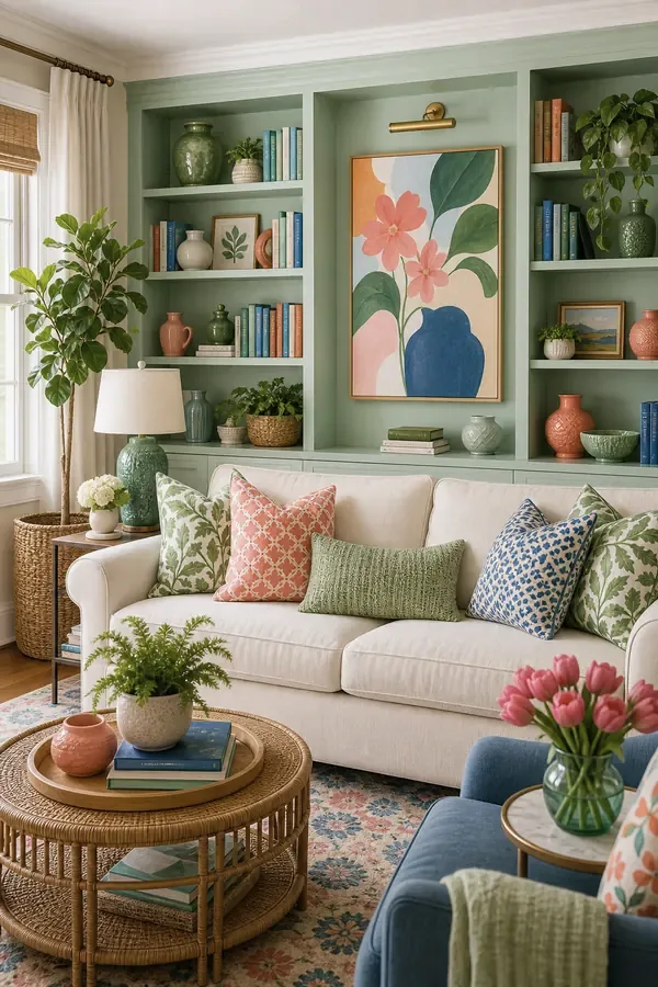Green pillows and olive throw blanket on a cream living room sofa