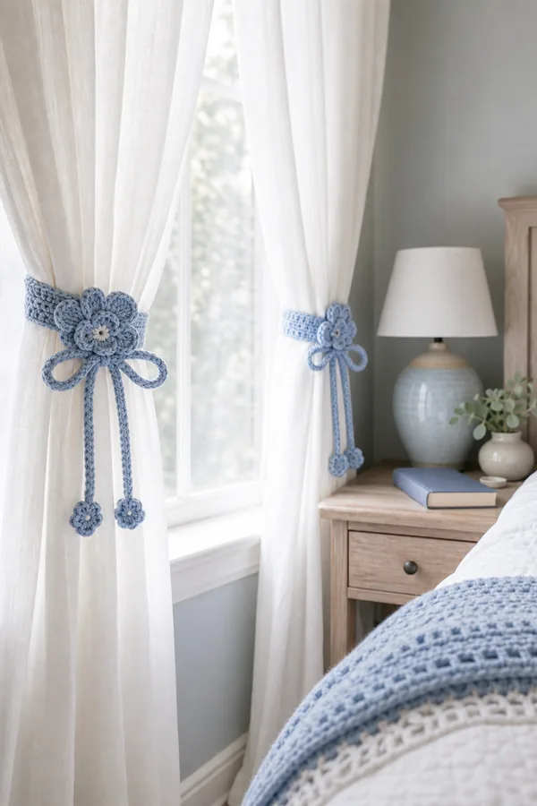 Blue crochet curtain tiebacks in a calm bedroom window scene