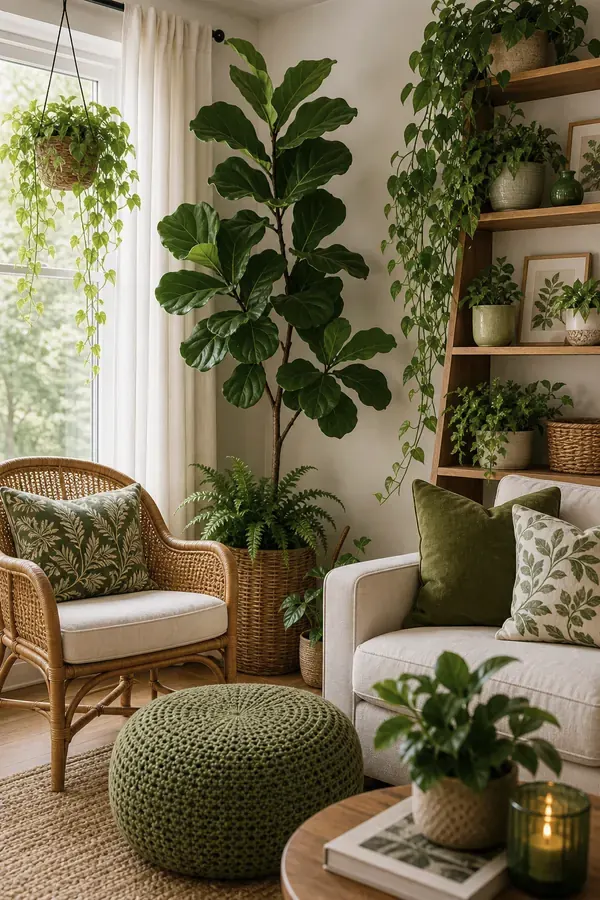 Mint green built in shelves styled in a colourful living room