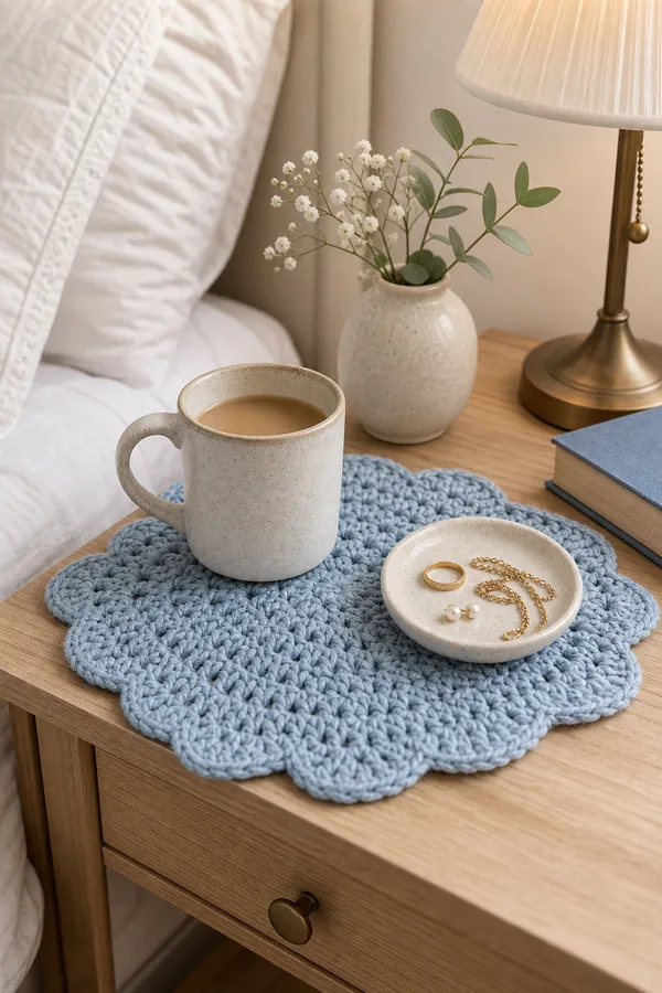Blue crochet bedside tray mat on a calm bedroom nightstand