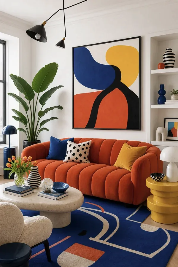 Boho colourful living room interior with green sofa plants and patterned rug