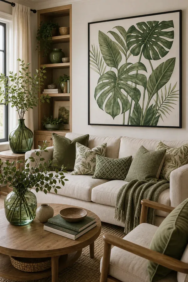 Lush plant corner with rattan chair in a green living room