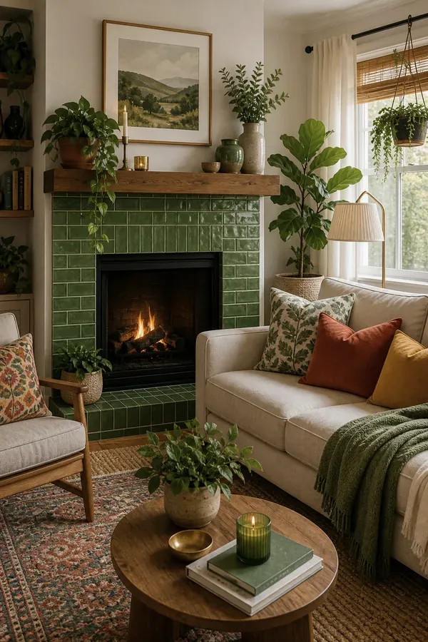 Oversized botanical wall art above a beige sofa in a green living room