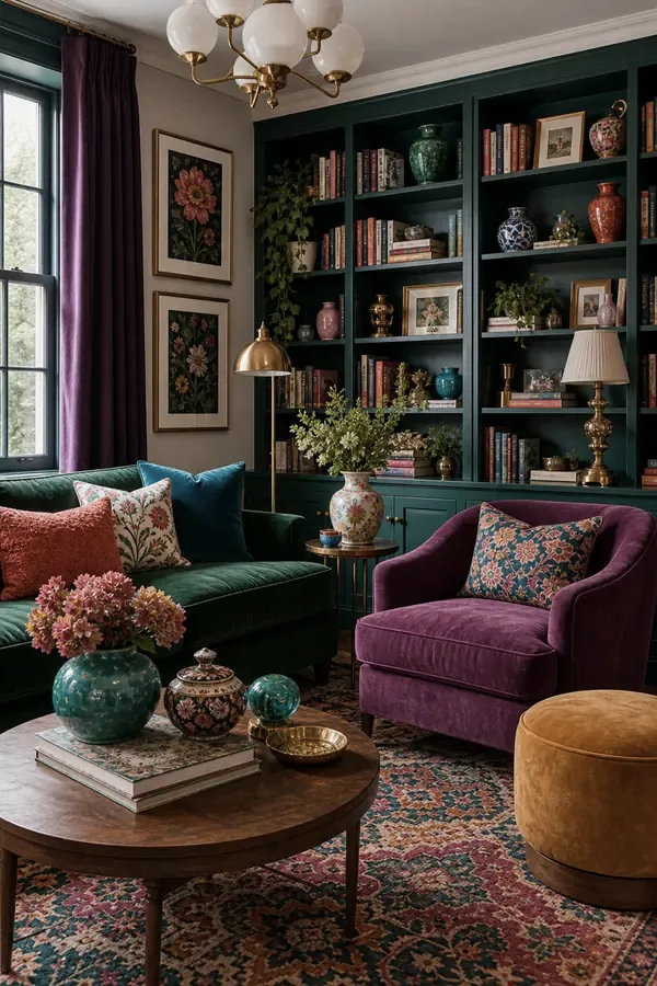 Statement orange sofa in a chic colourful living room interior