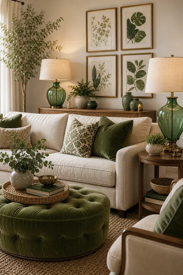 Green tiled fireplace with colourful cushions in a cosy living room