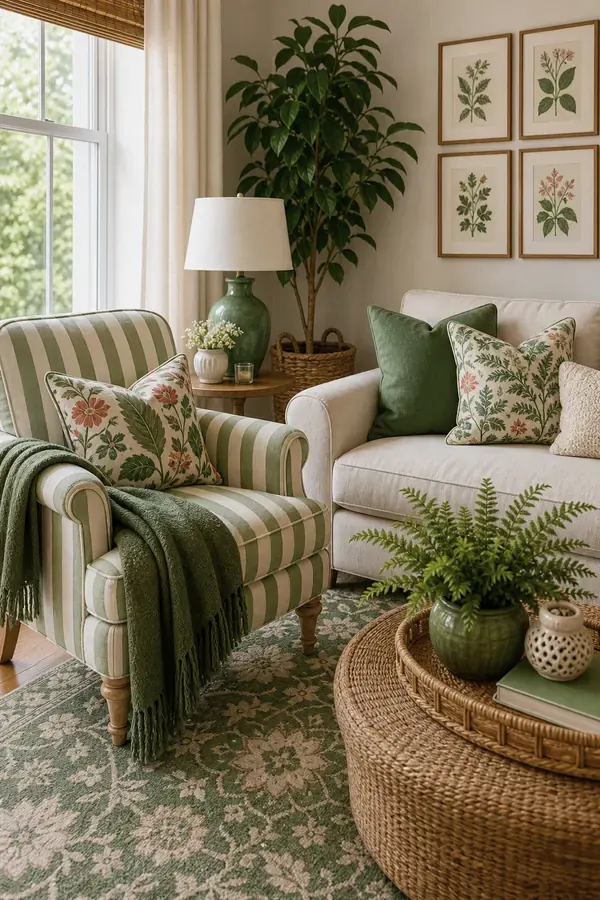 Green glass lamp and green velvet ottoman in a colourful living room