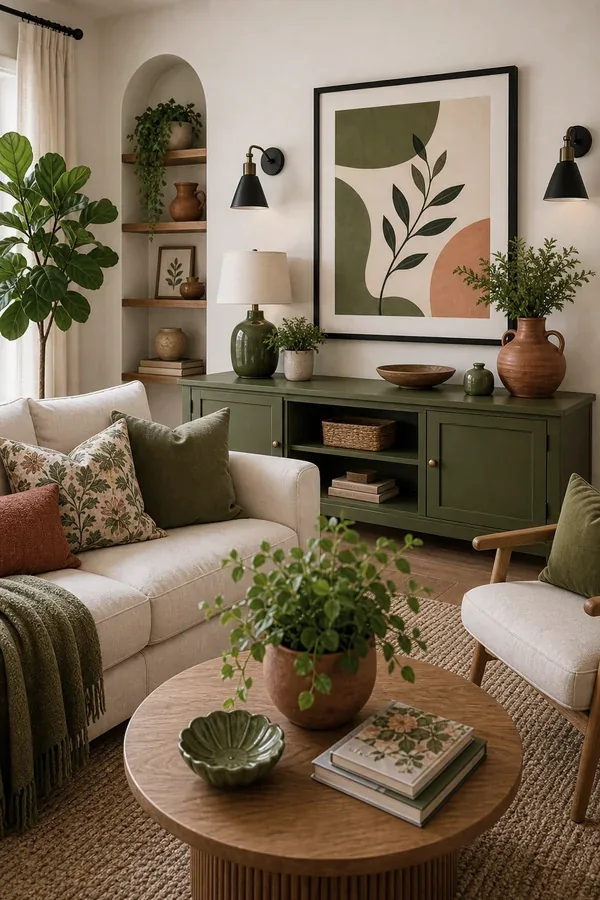 Green striped armchair with cream sofa in a cheerful living room