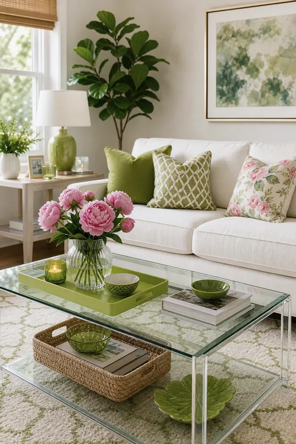 Small green accents and pink flowers in a fresh colourful living room