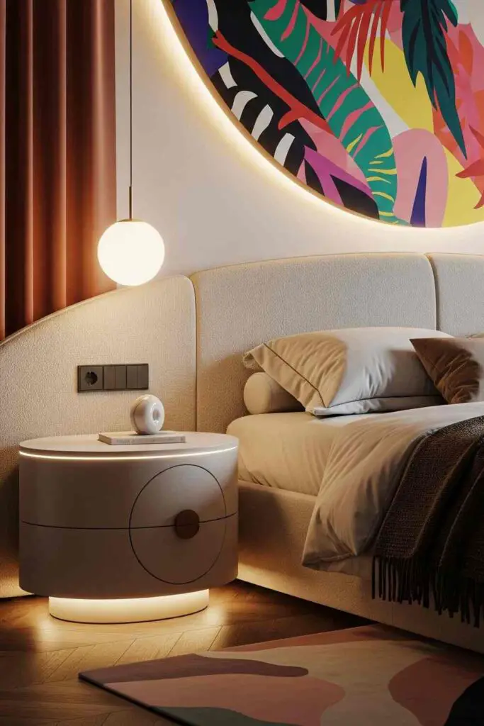 Bedroom decor with curved furniture