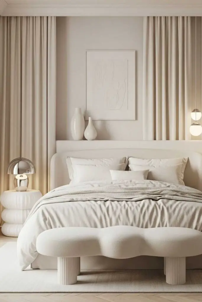 Monochromatic look in cream color for cozy bedroom decoration