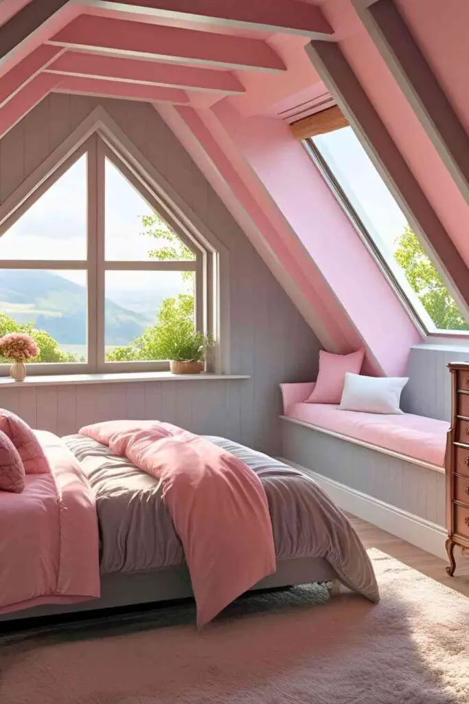 attice style pink and grey bedroom
