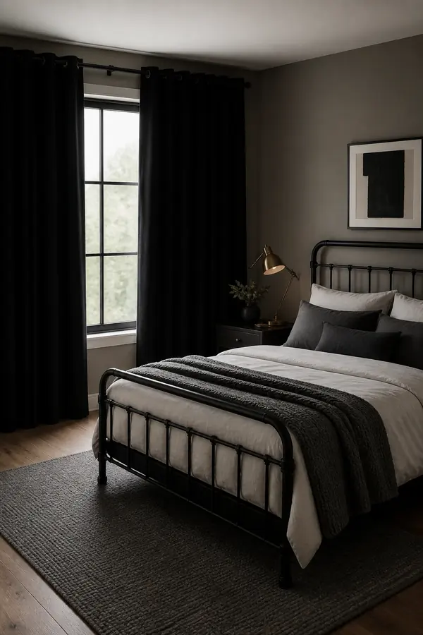 Black bedroom for men with blackout curtains and neutral bedding
