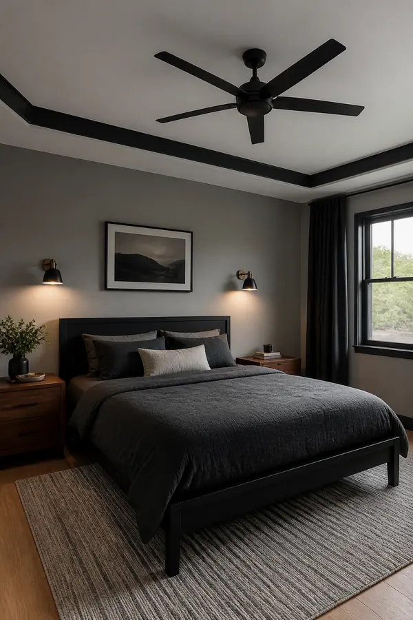 Black bedroom for men with a black ceiling fan and charcoal bedding