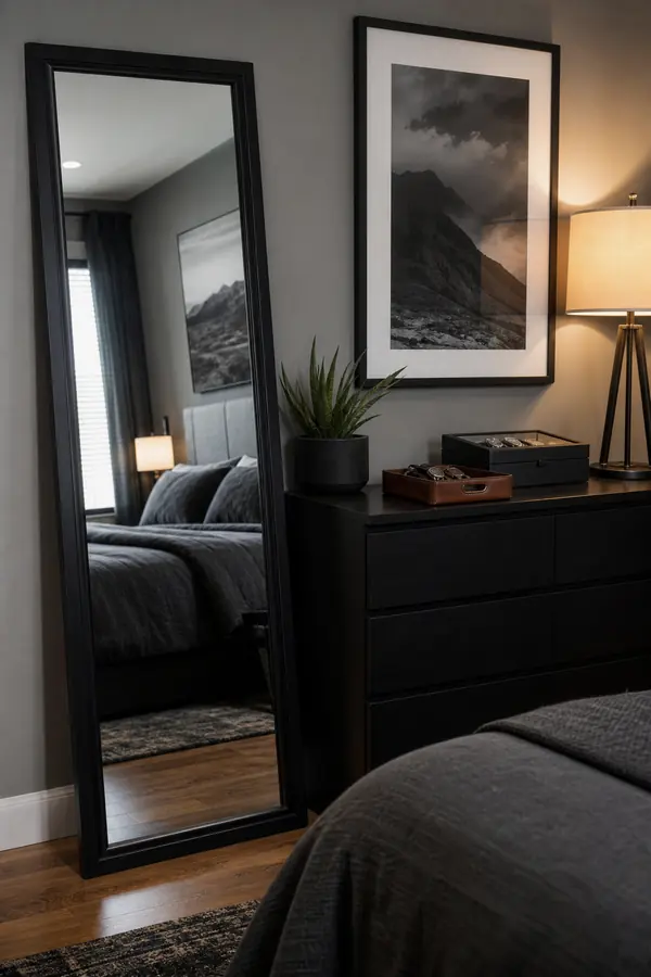 Black bedroom for men with a black framed mirror and clean dresser setup