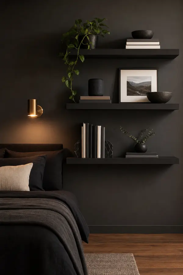 Black bedroom decor for men with floating shelves and minimal accessories