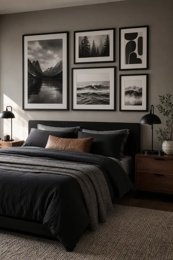 Black bedroom decor for men with a monochrome gallery wall above the bed