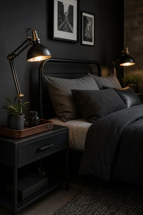 Black bedroom decor for men with industrial bedside lighting