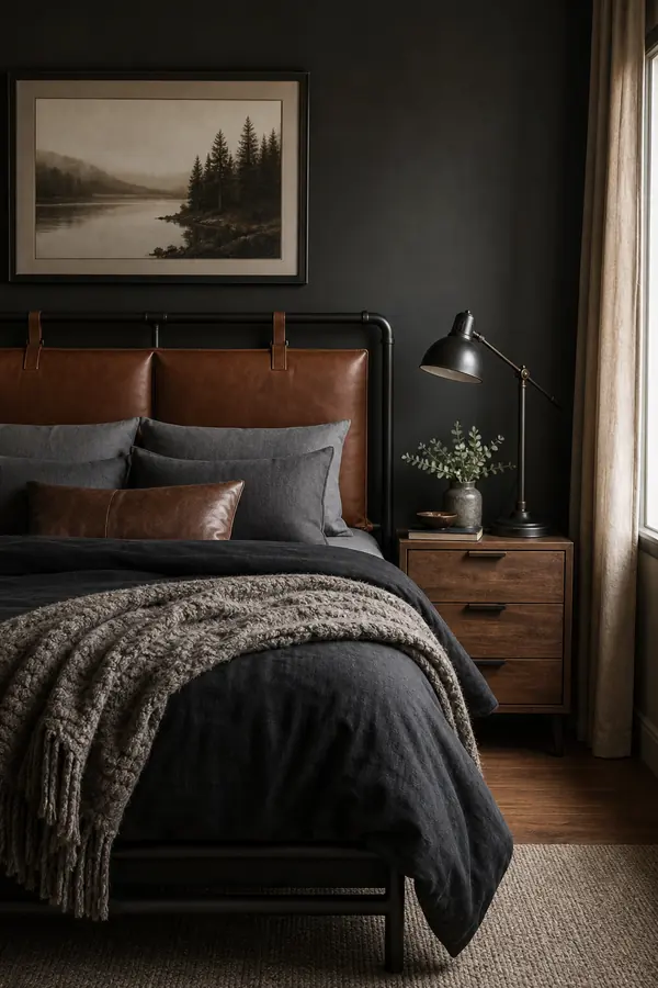 Masculine black bedroom with a cognac leather headboard and charcoal bedding