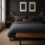 Smart black bedroom decor for men with a matte black accent wall