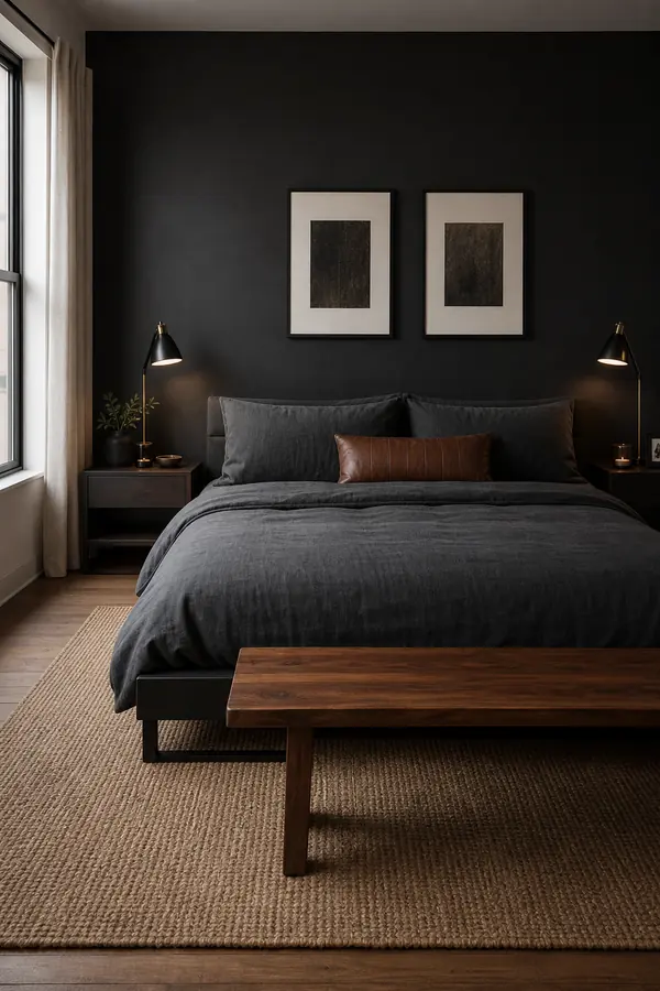 Smart black bedroom decor for men with a matte black accent wall