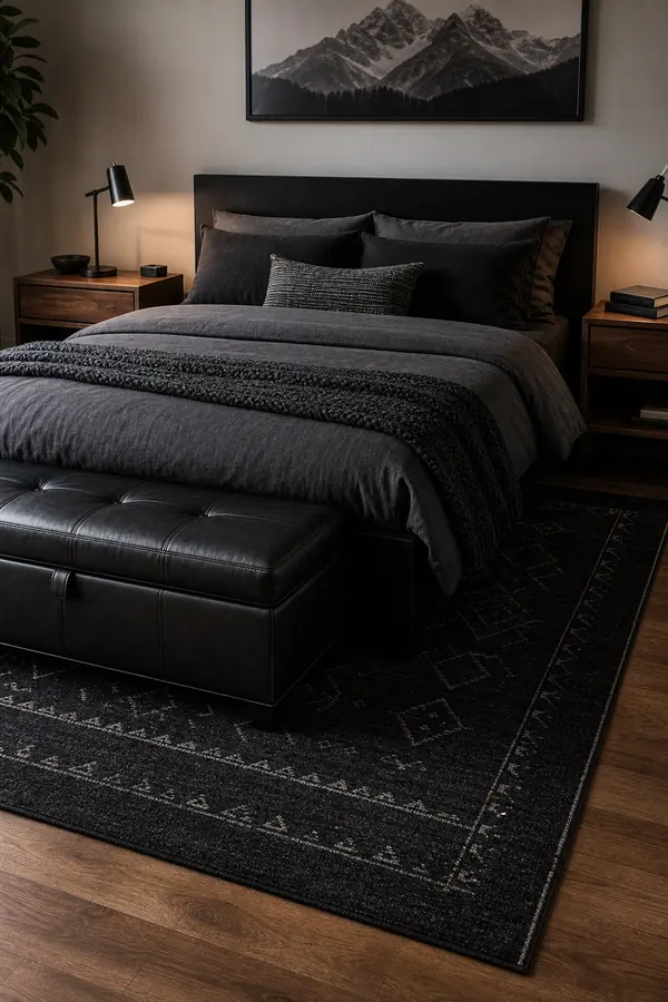 Black bedroom decor for men with a patterned rug and leather storage bench