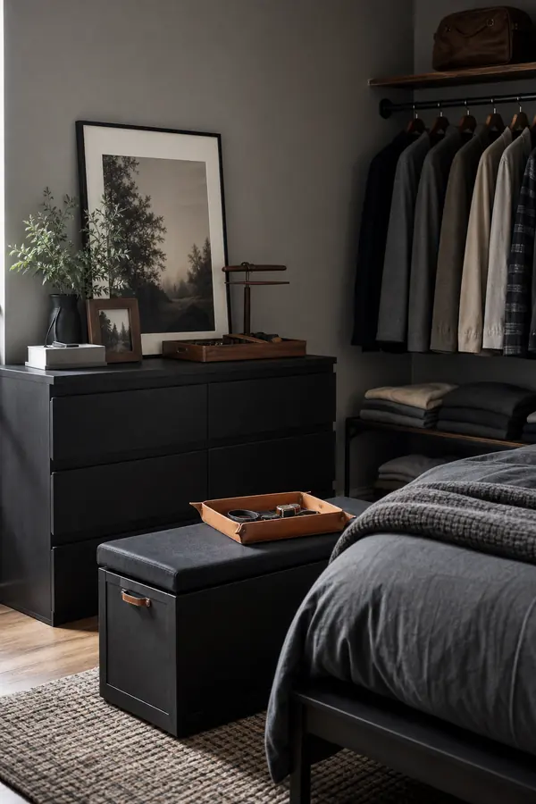 Black bedroom decor for men with smart storage and a matte black dresser
