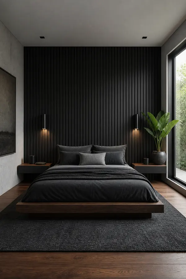 Black bedroom decor for men with a modern black wood slat wall