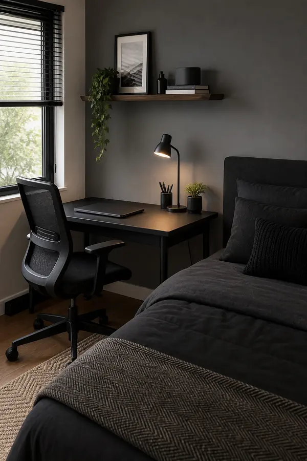 Smart black bedroom for men with a compact work desk corner