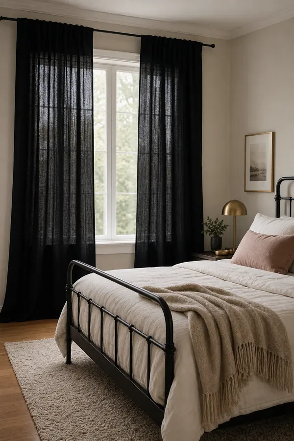 Black bedroom with soft black curtains and neutral bedding