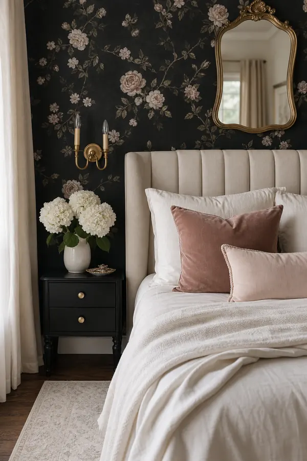 Black bedroom with romantic floral wallpaper and ivory bedding
